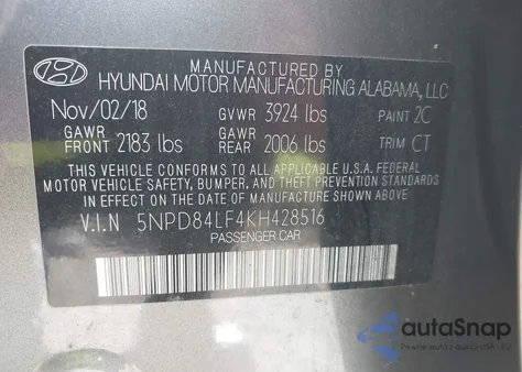 2019 Hyundai Elantra Sel z USA, uszkodzony, nr VIN 5NPD84LF4KH428516